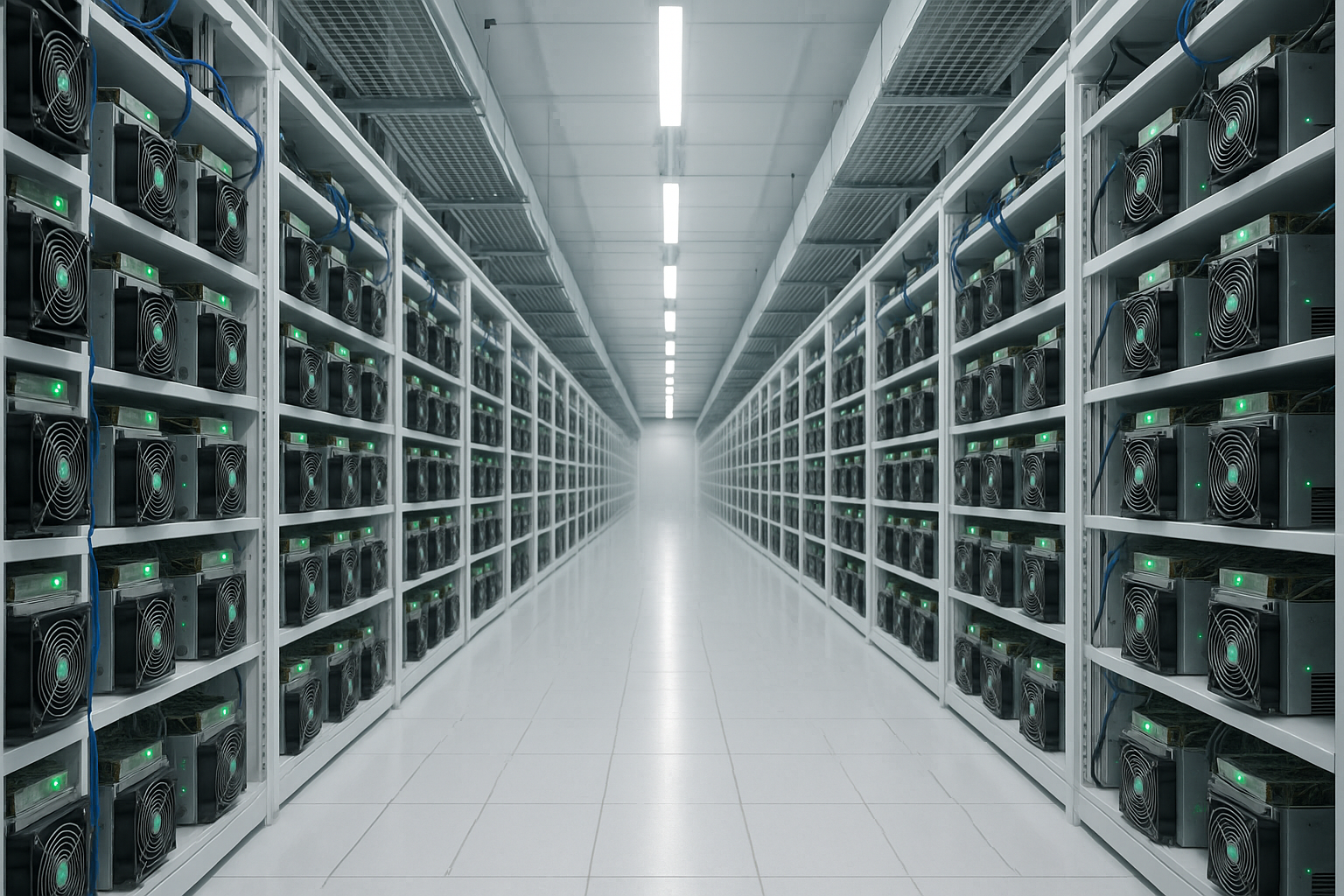 White-lit server racks in a data hall