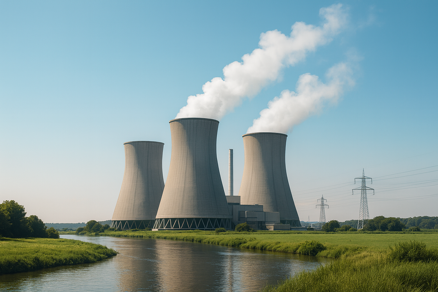 Power plant with cooling towers under a pale sky